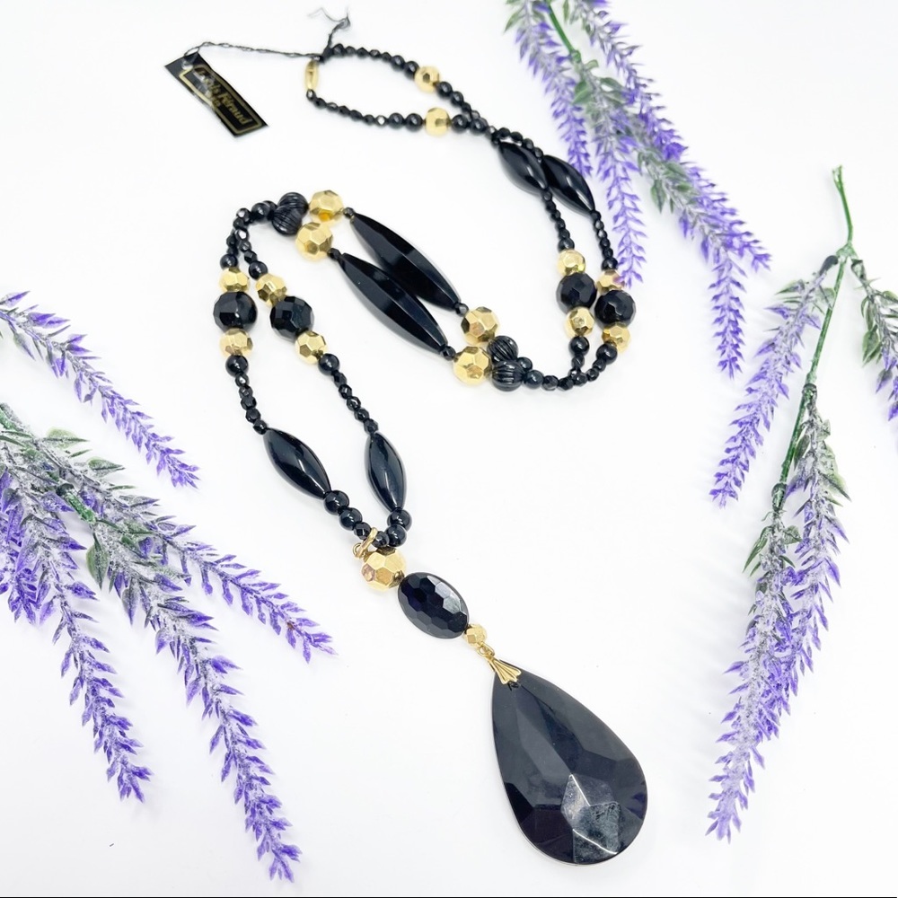 NEW Louis Feraud Paris Vintage Black & Gold Beaded Tear Drop Necklace